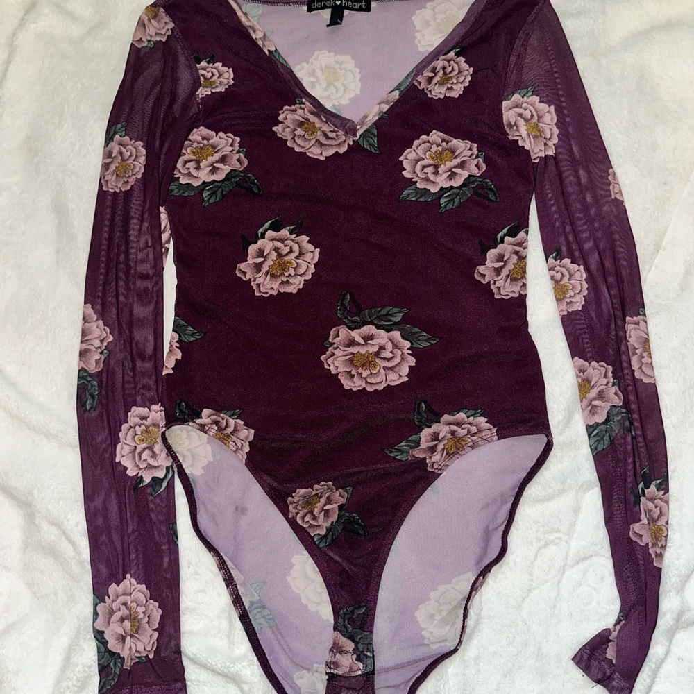Derek Heart Floral Bodysuit - Deep Purple and Pink